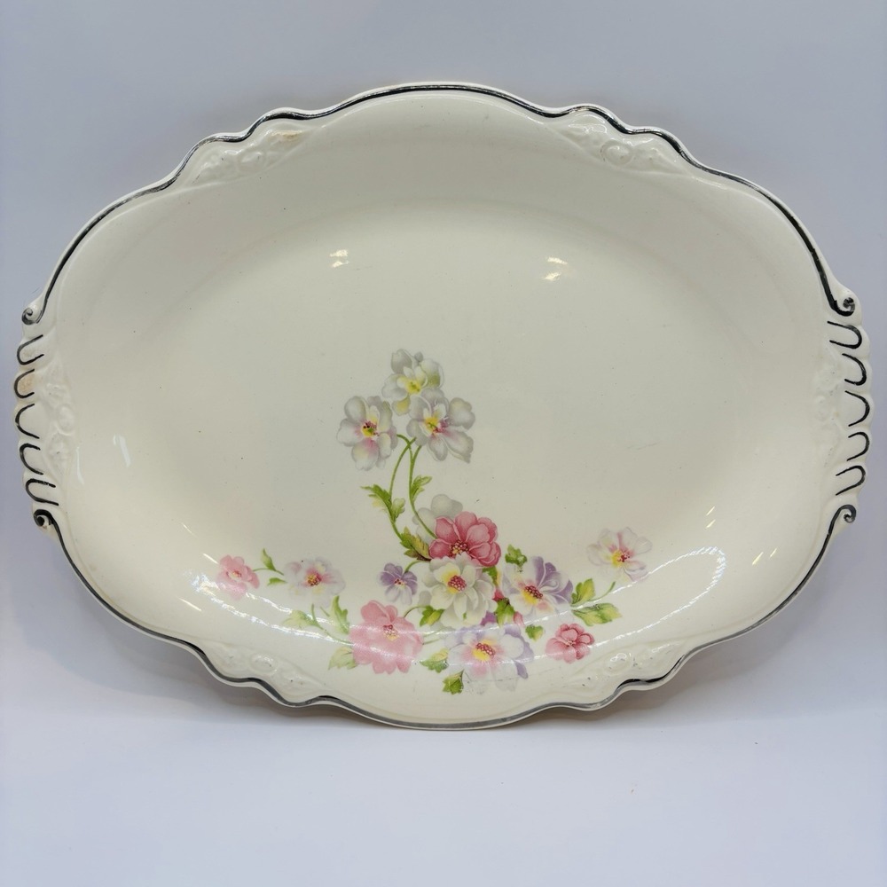 Vintage Homer Laughlin Floral Oval Serving Bowl Silver Trim USA 11.5"